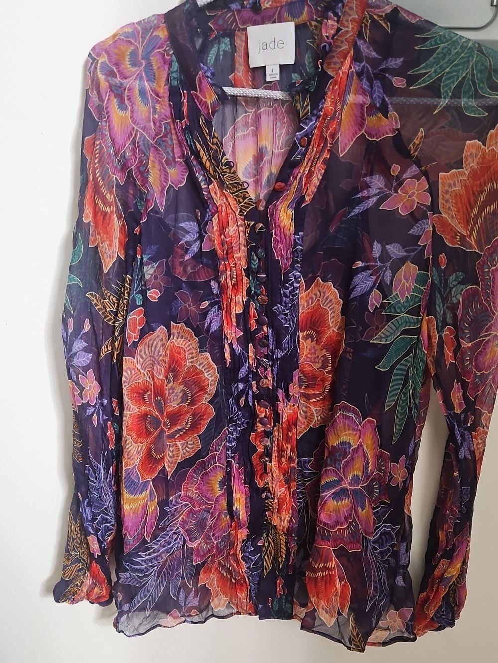 Johnny Was Purple Sheer Floral Ruffle-Trim Blouse